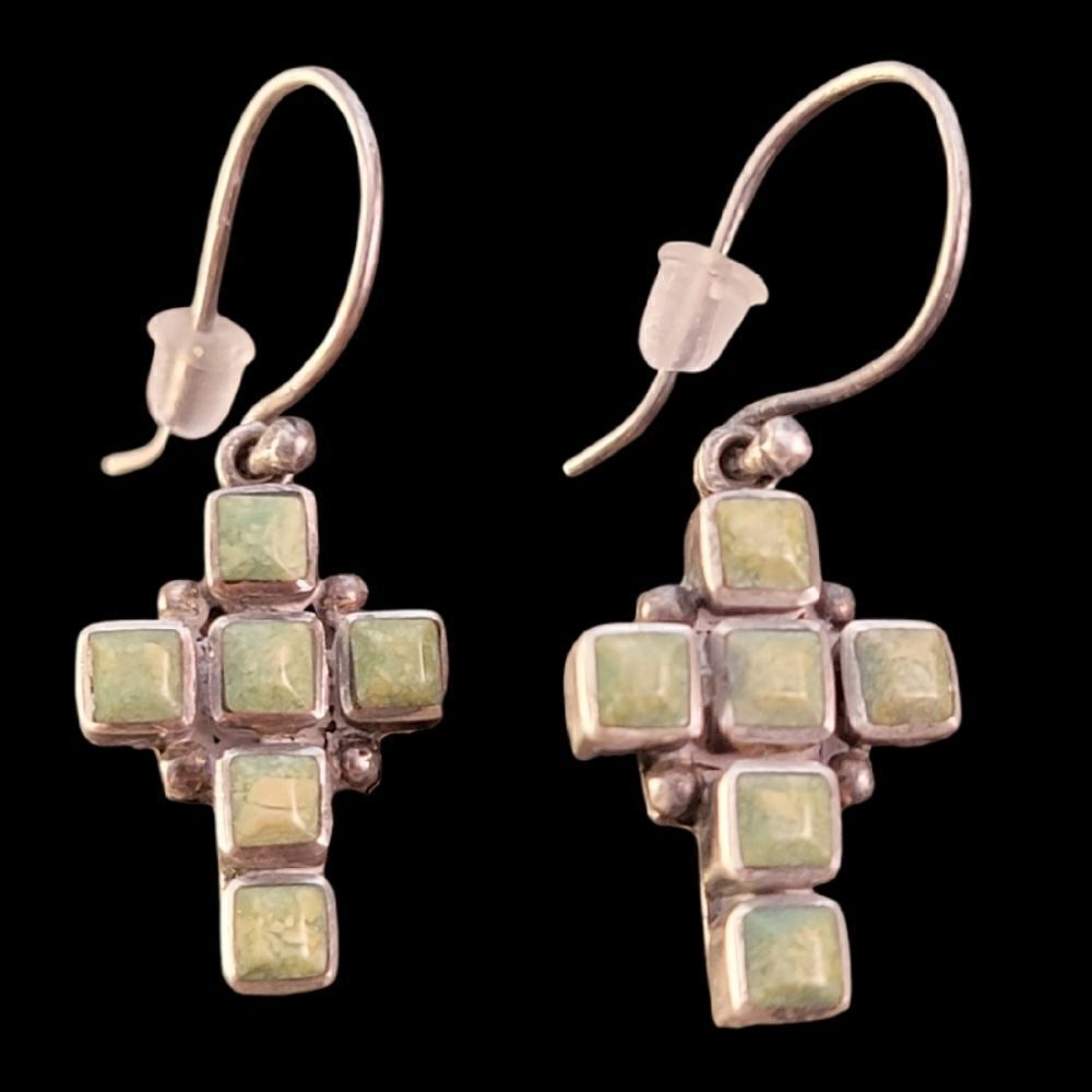 Vintage Sterling Cross Green Turquoise Drop Dangle Earrings